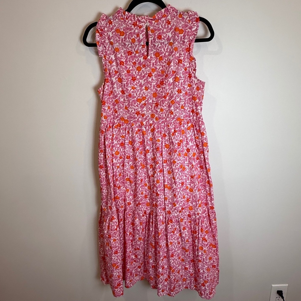 JCrew Pink Orange Floral Ruffle Neck‎ Tiered Midi Dress Size 6 - Picture 2 of 6